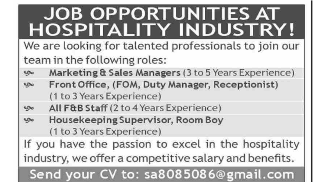 JOB OPPORTUNITIES AT HOSPITALITY INDUSTRY